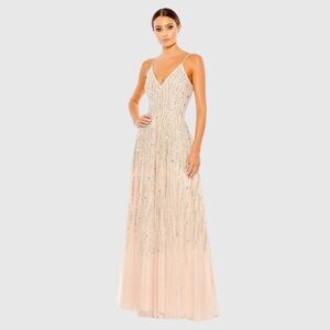 Mac Duggal Blush Beaded V-Neck Spaghetti Strap Gown